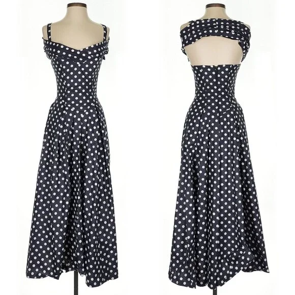 NWT Vintage 90s Laura Ashley Maxi Dress Navy Polka Dot Cottagecore Size 4 - Picture 2 of 16